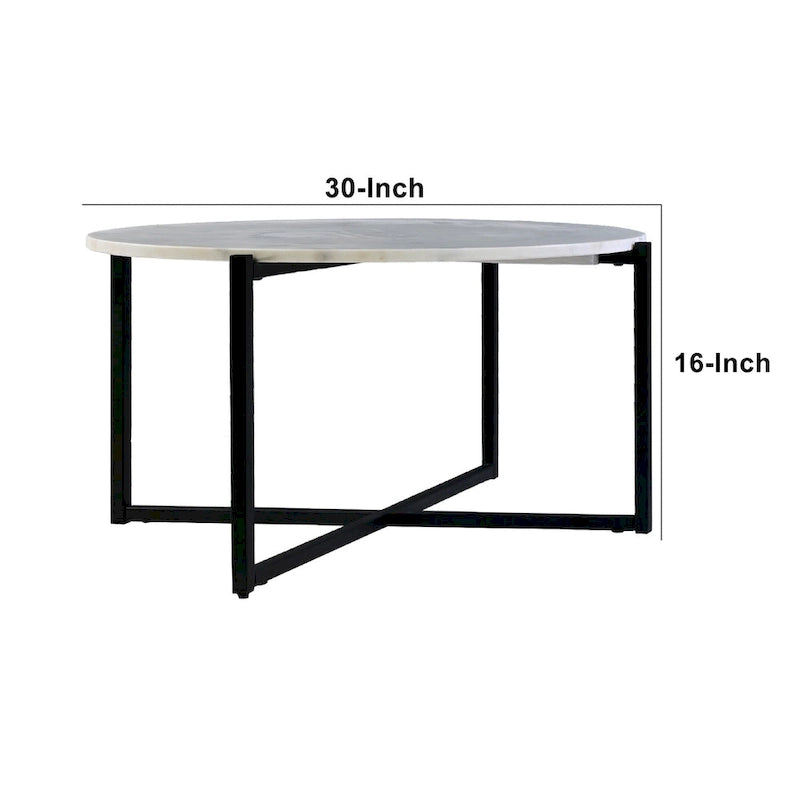 White Marble Top Round Coffee Table with Black Metal X-Base Frame