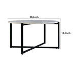 White Marble Top Round Coffee Table with Black Metal X-Base Frame