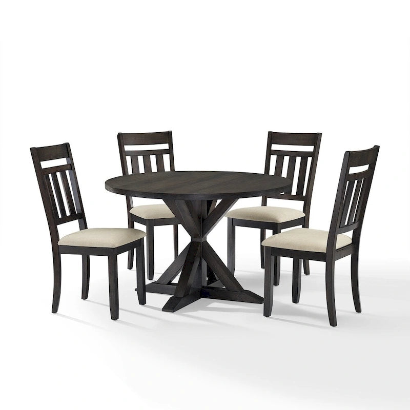 Beige/Grey Round Dining Set, Slate Pedestal Table + 4 Chairs, Seats 4