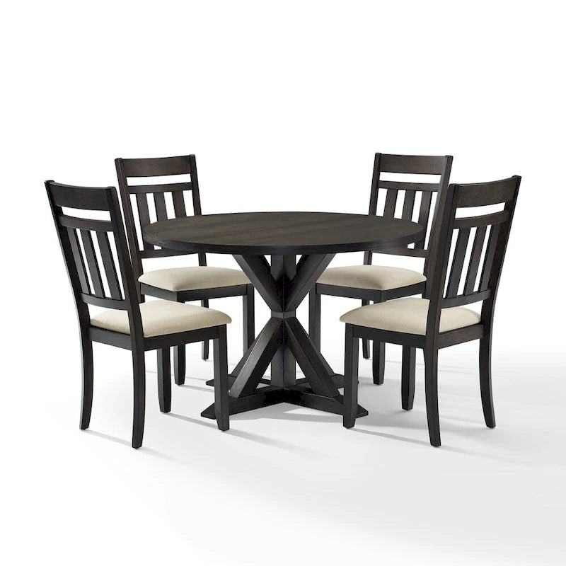 Beige/Grey Round Dining Set, Slate Pedestal Table + 4 Chairs, Seats 4