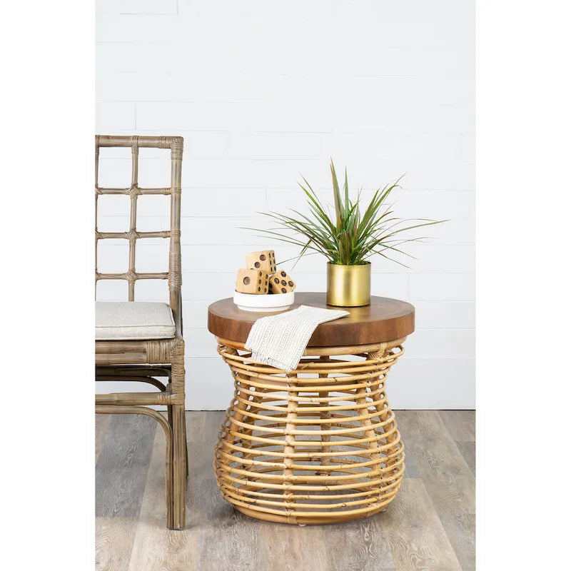 Grey & Natural Rattan Cage Round Side Table, Boho Style