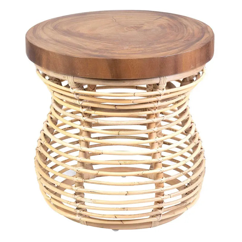 Grey & Natural Rattan Cage Round Side Table, Boho Style