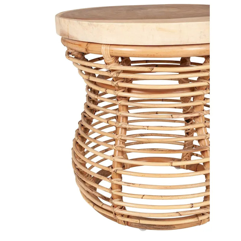 Grey & Natural Rattan Cage Round Side Table, Boho Style