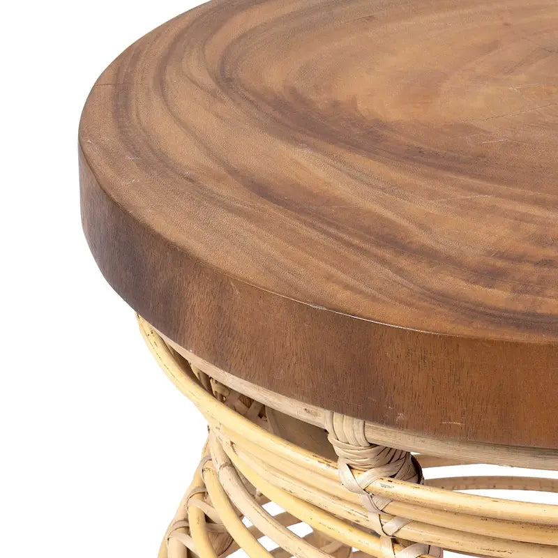 Grey & Natural Rattan Cage Round Side Table, Boho Style