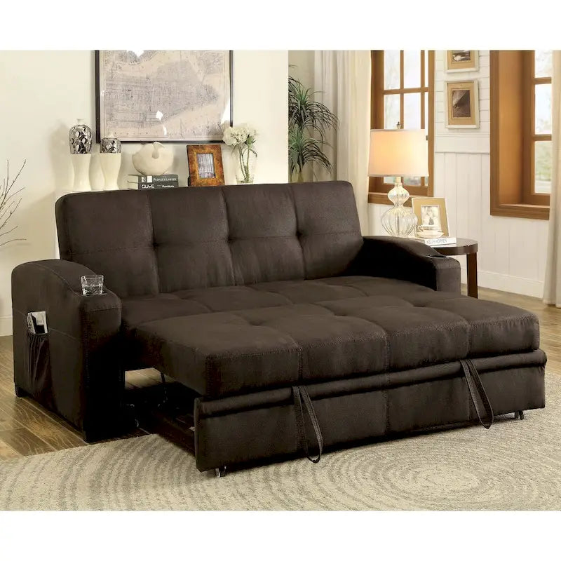 Dark Brown Fabric Tufted Futon Sofa with Storage, Seats 3