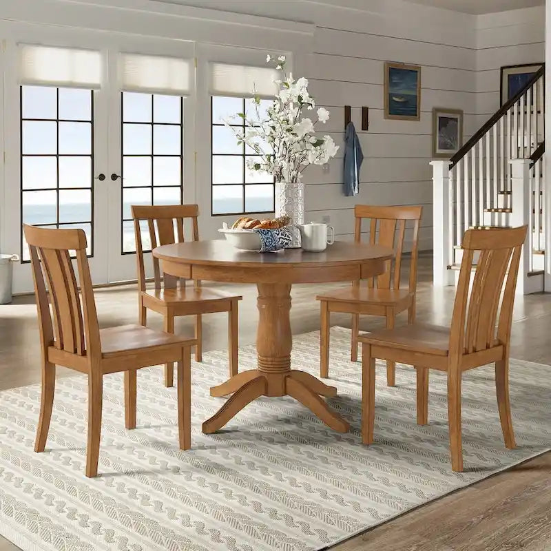 Oak Finish Round Pedestal Dining Table Set, 5-Piece, Seats 4 – Window / Slat / Mission / Ladder Back