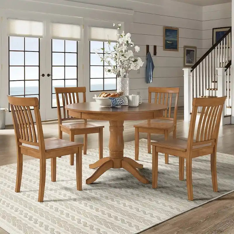 Oak Finish Round Pedestal Dining Table Set, 5-Piece, Seats 4 – Window / Slat / Mission / Ladder Back