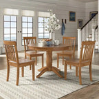 Oak Finish Round Pedestal Dining Table Set, 5-Piece, Seats 4 – Window / Slat / Mission / Ladder Back