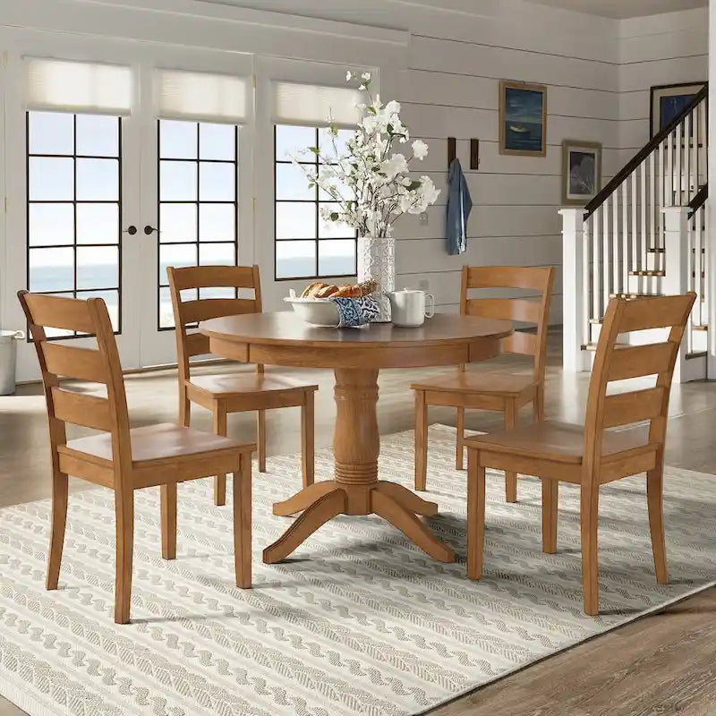 Oak Finish Round Pedestal Dining Table Set, 5-Piece, Seats 4 – Window / Slat / Mission / Ladder Back