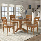 Oak Finish Round Pedestal Dining Table Set, 5-Piece, Seats 4 – Window / Slat / Mission / Ladder Back