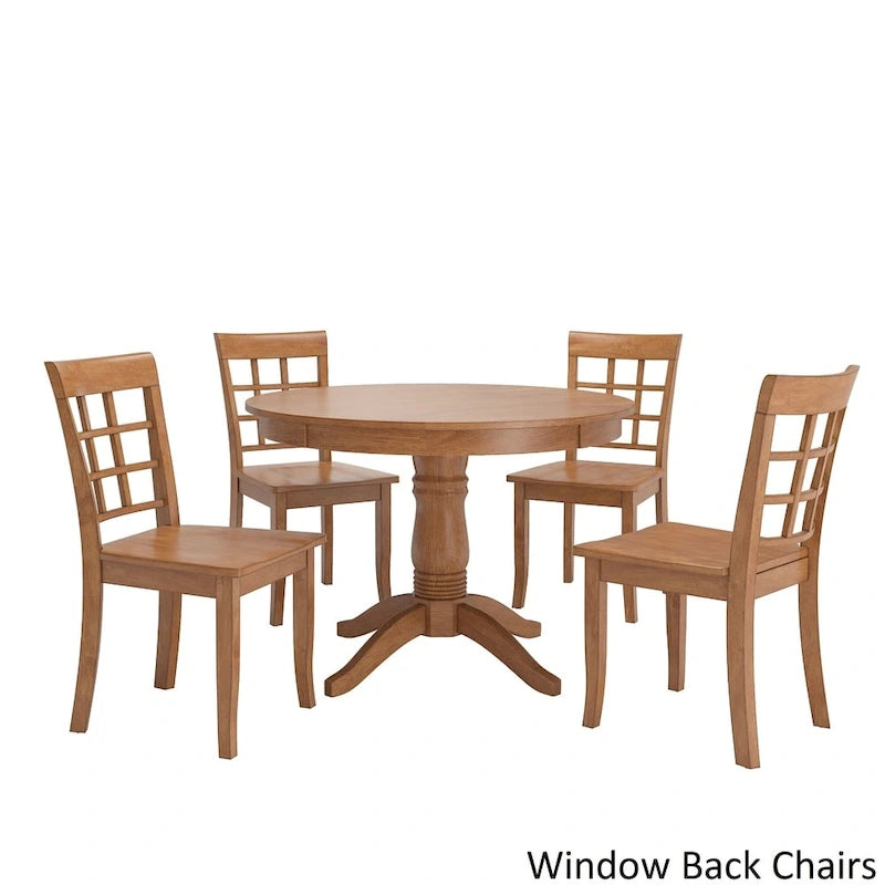 Oak Finish Round Pedestal Dining Table Set, 5-Piece, Seats 4 – Window / Slat / Mission / Ladder Back