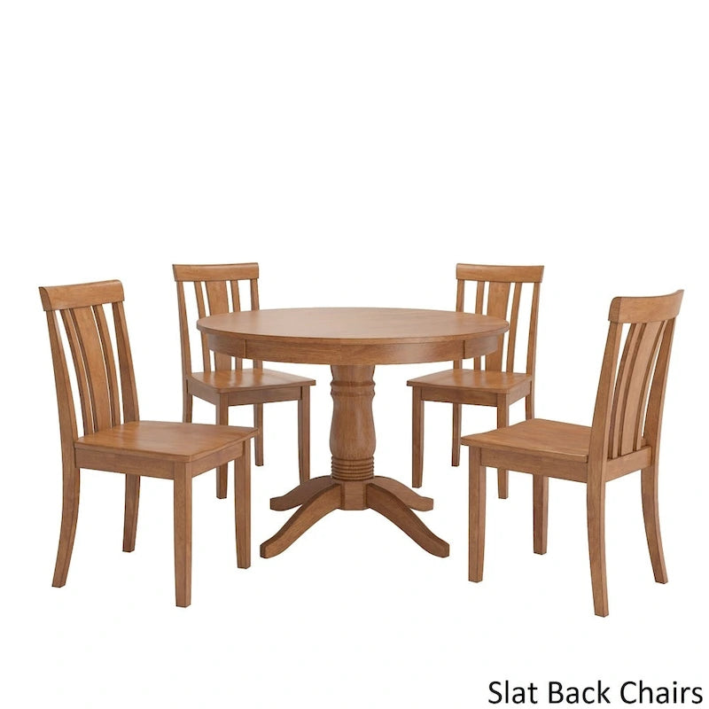 Oak Finish Round Pedestal Dining Table Set, 5-Piece, Seats 4 – Window / Slat / Mission / Ladder Back
