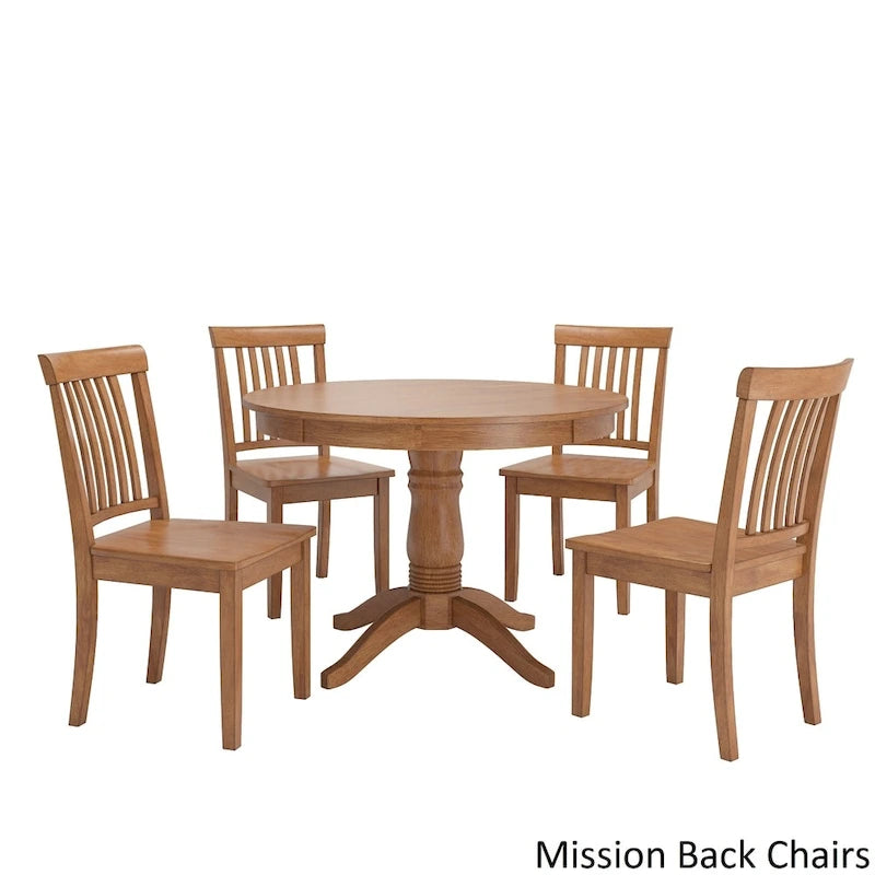 Oak Finish Round Pedestal Dining Table Set, 5-Piece, Seats 4 – Window / Slat / Mission / Ladder Back