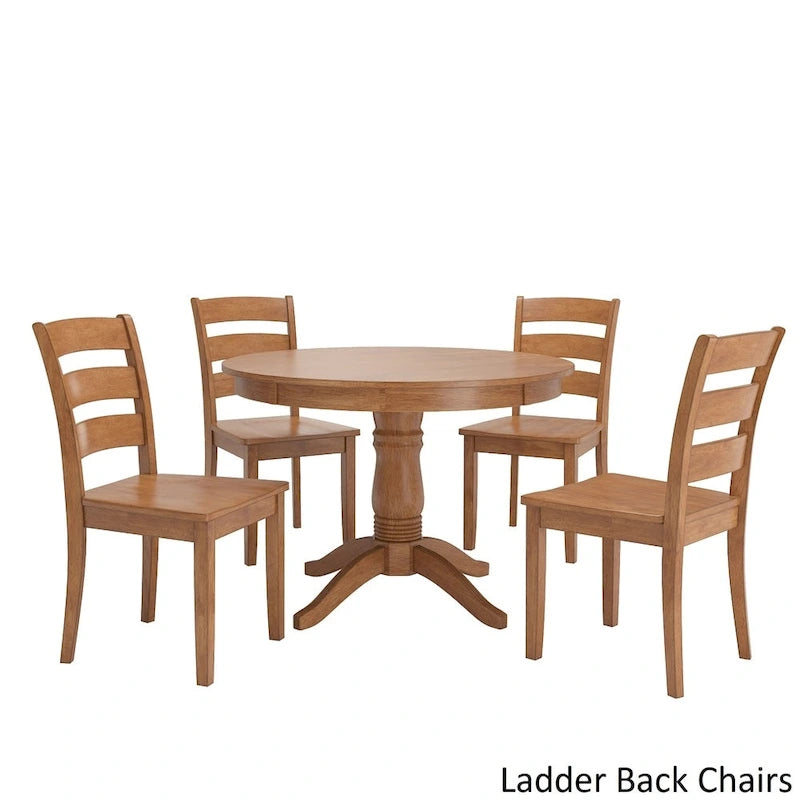 Oak Finish Round Pedestal Dining Table Set, 5-Piece, Seats 4 – Window / Slat / Mission / Ladder Back
