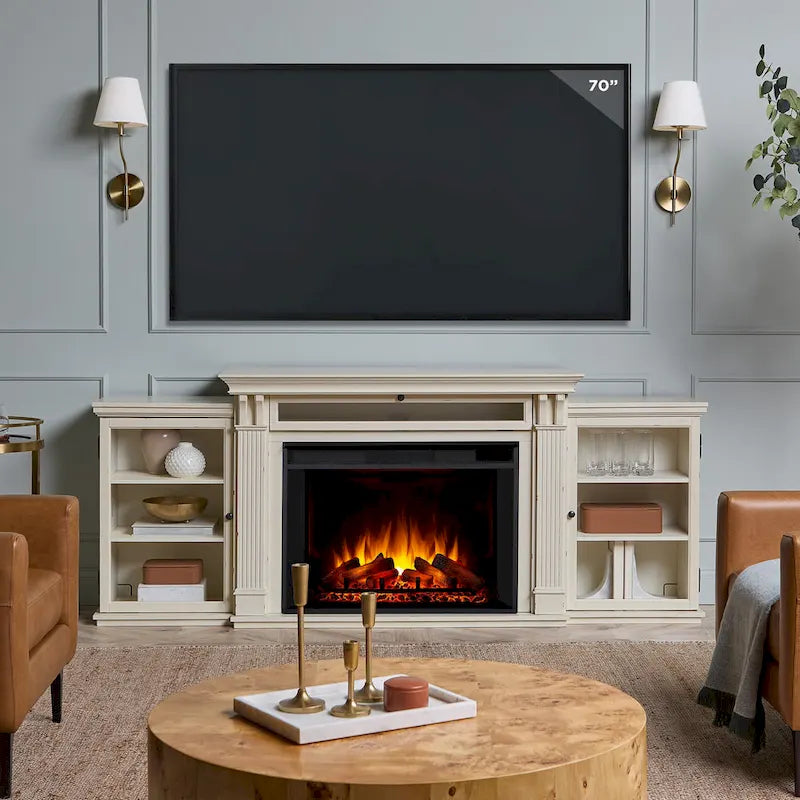 Off White Electric Fireplace TV Stand, Single-Zone, Fits up to 80" TV