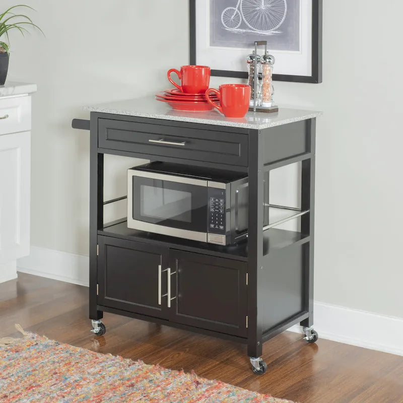Black Mobile Kitchen Cart with Granite Top, Single-User