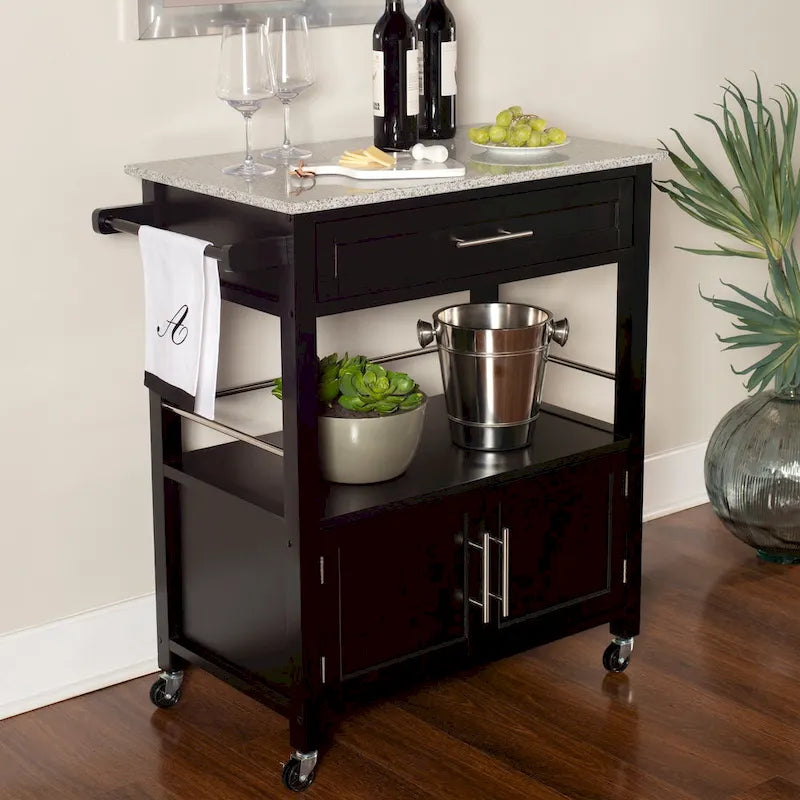 Black Mobile Kitchen Cart with Granite Top, Single-User