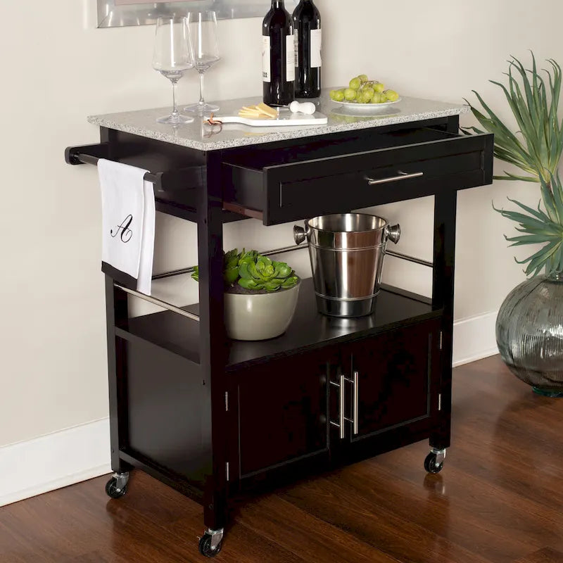Black Mobile Kitchen Cart with Granite Top, Single-User