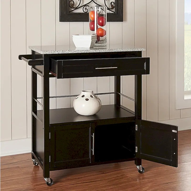 Black Mobile Kitchen Cart with Granite Top, Single-User