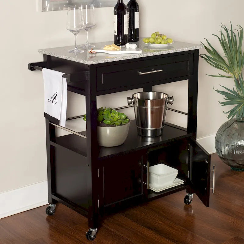 Black Mobile Kitchen Cart with Granite Top, Single-User