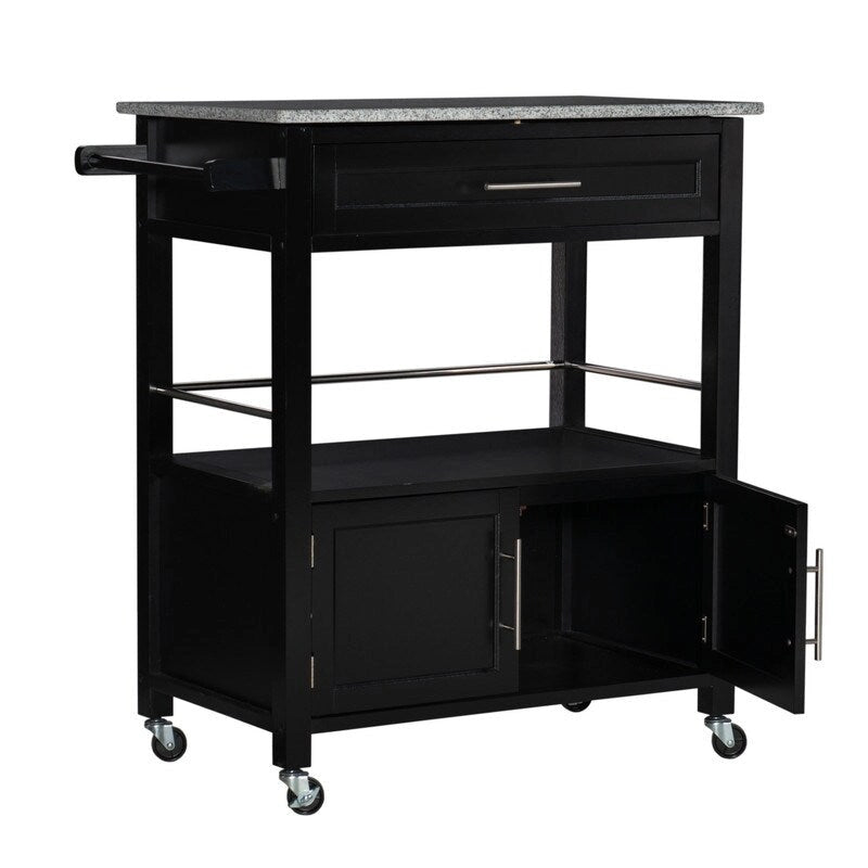 Black Mobile Kitchen Cart with Granite Top, Single-User