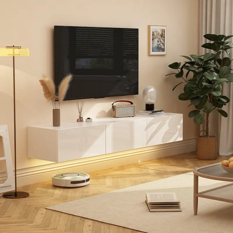 White / Black Wall-Mounted Floating TV Stand with LED Lights – 1-Person Install, Fits up to 75"