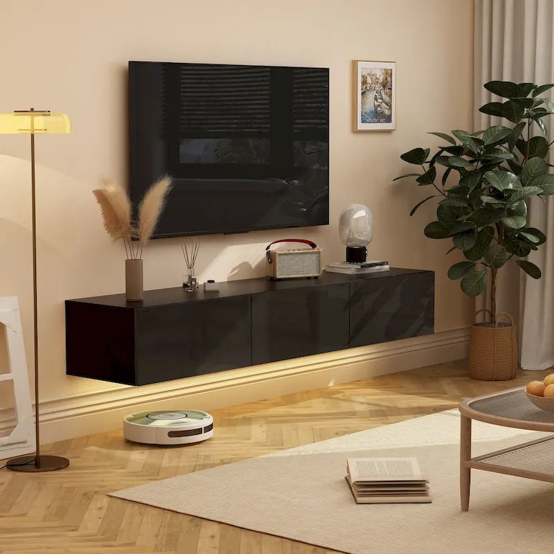 Meuble TV flottant mural blanc/noir avec lumières LED – Installation par 1 personne, convient jusqu'à 75"