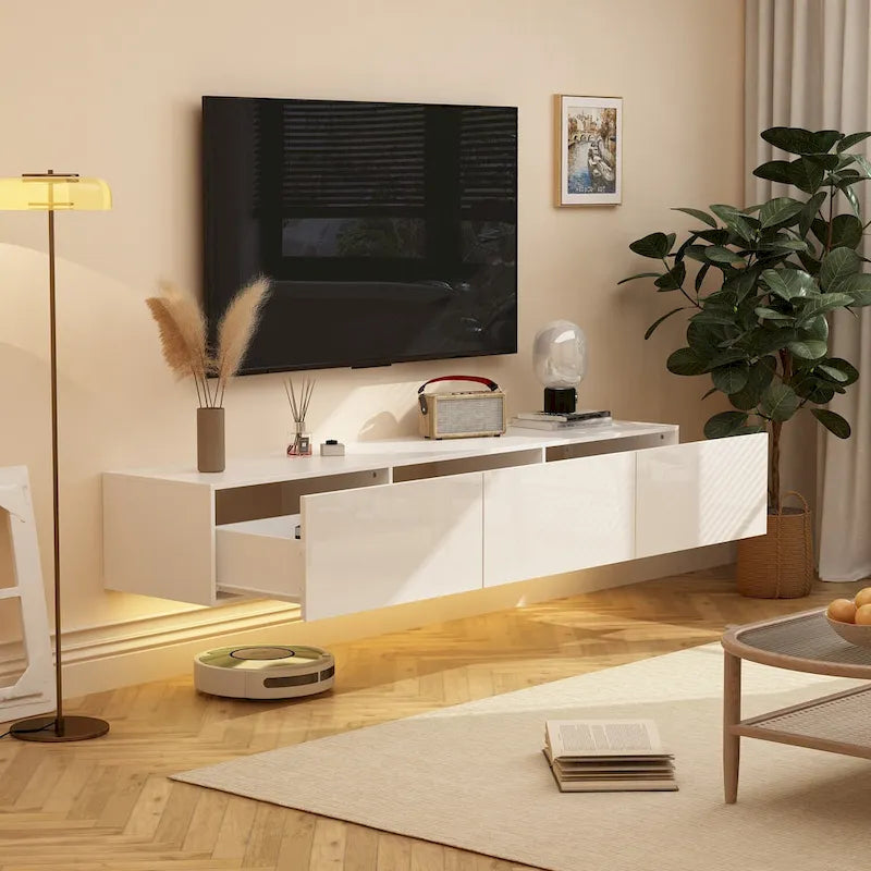 White / Black Wall-Mounted Floating TV Stand with LED Lights – 1-Person Install, Fits up to 75"