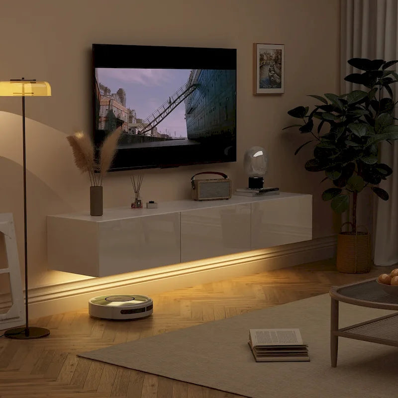 White / Black Wall-Mounted Floating TV Stand with LED Lights – 1-Person Install, Fits up to 75"