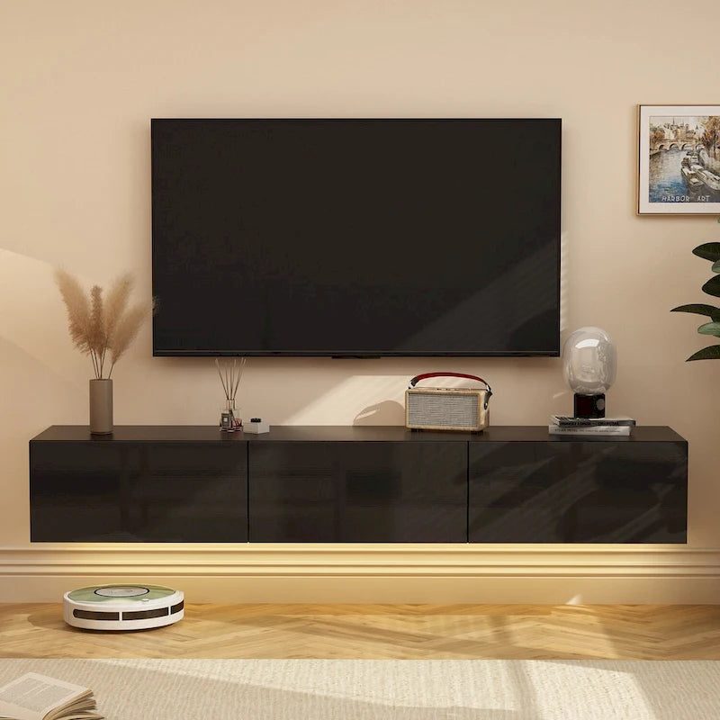 White / Black Wall-Mounted Floating TV Stand with LED Lights – 1-Person Install, Fits up to 75"