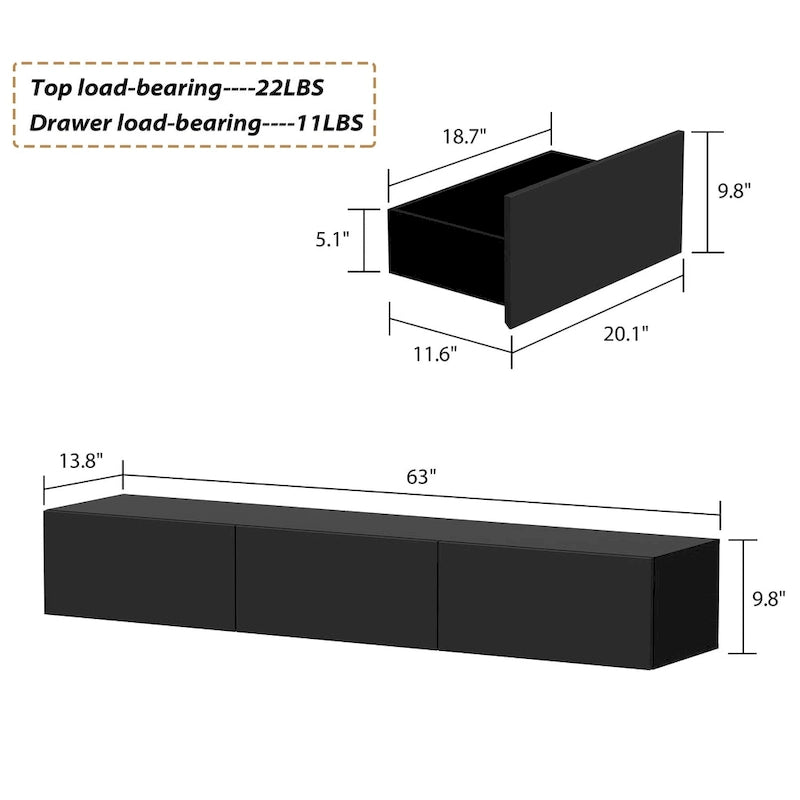 White / Black Wall-Mounted Floating TV Stand with LED Lights – 1-Person Install, Fits up to 75"