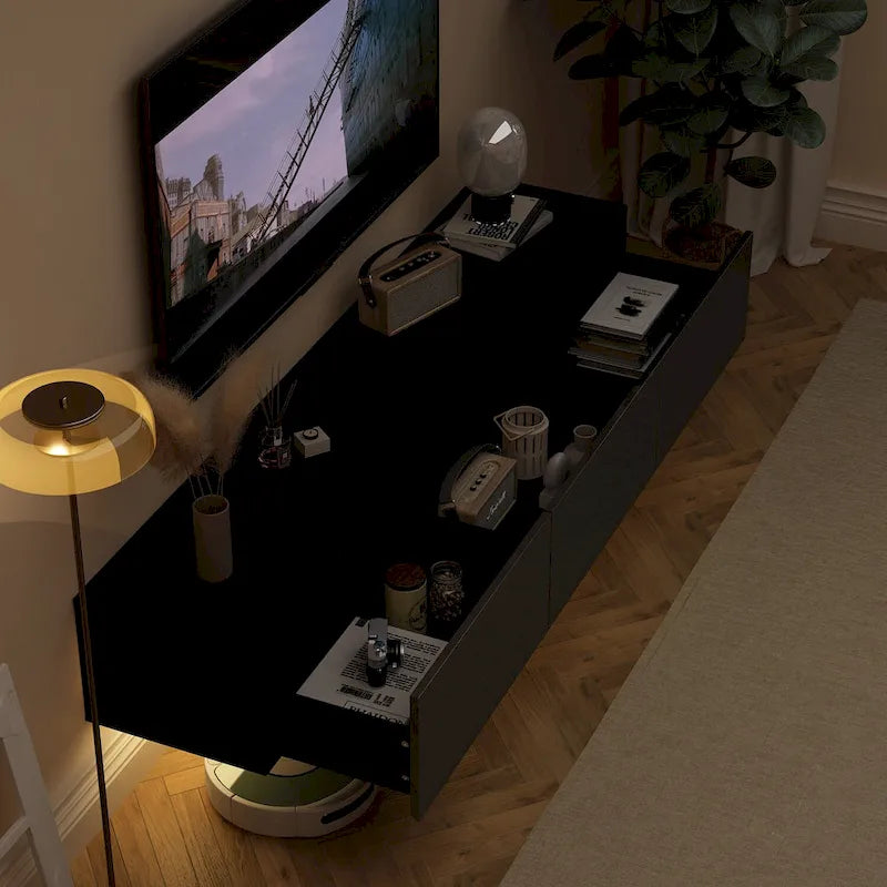 White / Black Wall-Mounted Floating TV Stand with LED Lights – 1-Person Install, Fits up to 75"