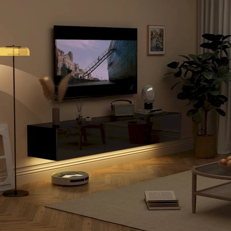 White / Black Wall-Mounted Floating TV Stand with LED Lights – 1-Person Install, Fits up to 75"
