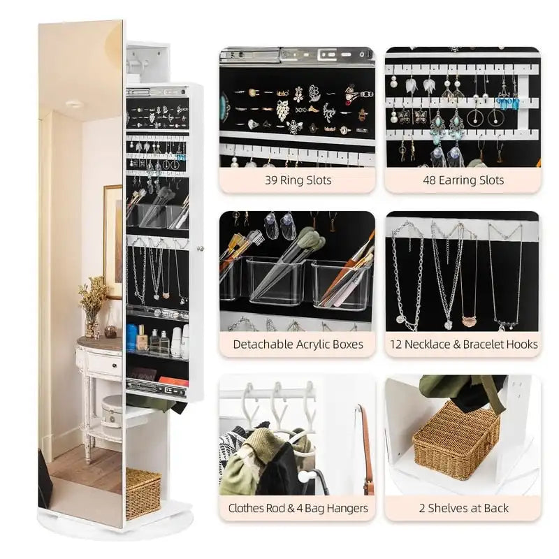 White Freestanding 360° Rotating Full-Length Mirror Jewelry Cabinet, 1-Person