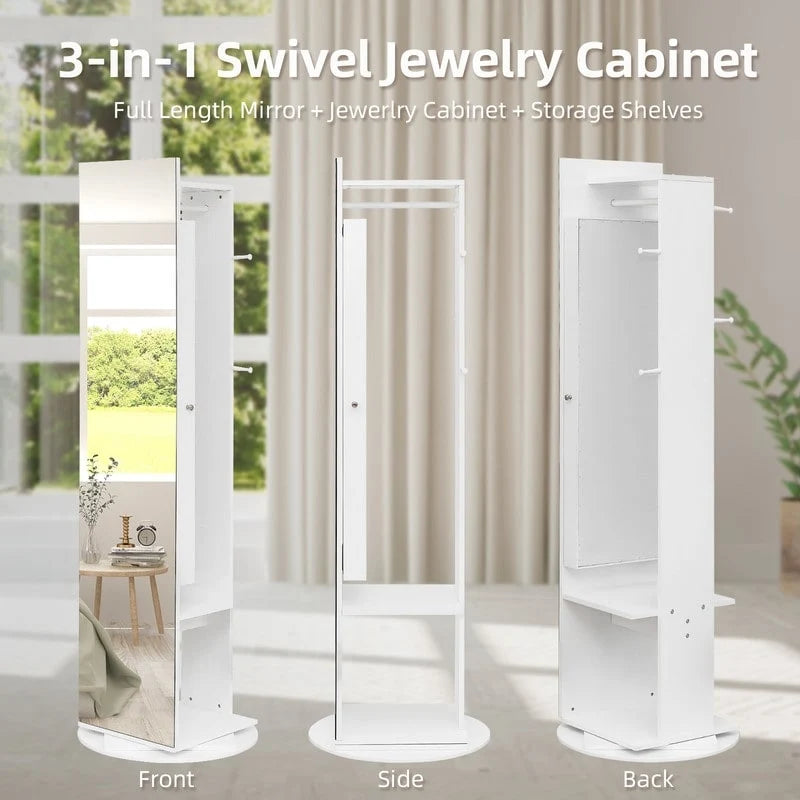 White Freestanding 360° Rotating Full-Length Mirror Jewelry Cabinet, 1-Person
