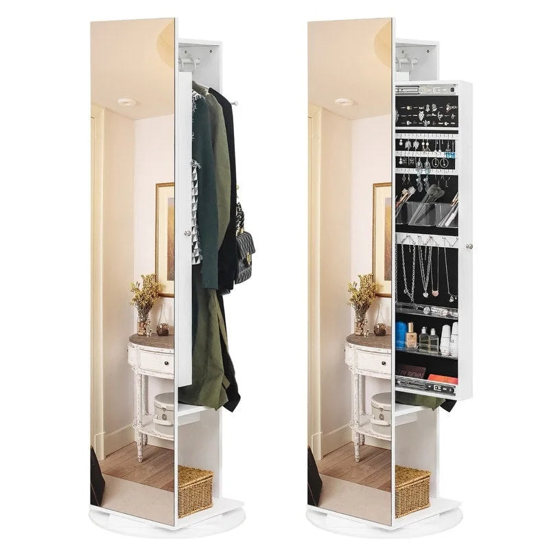 White Freestanding 360° Rotating Full-Length Mirror Jewelry Cabinet, 1-Person