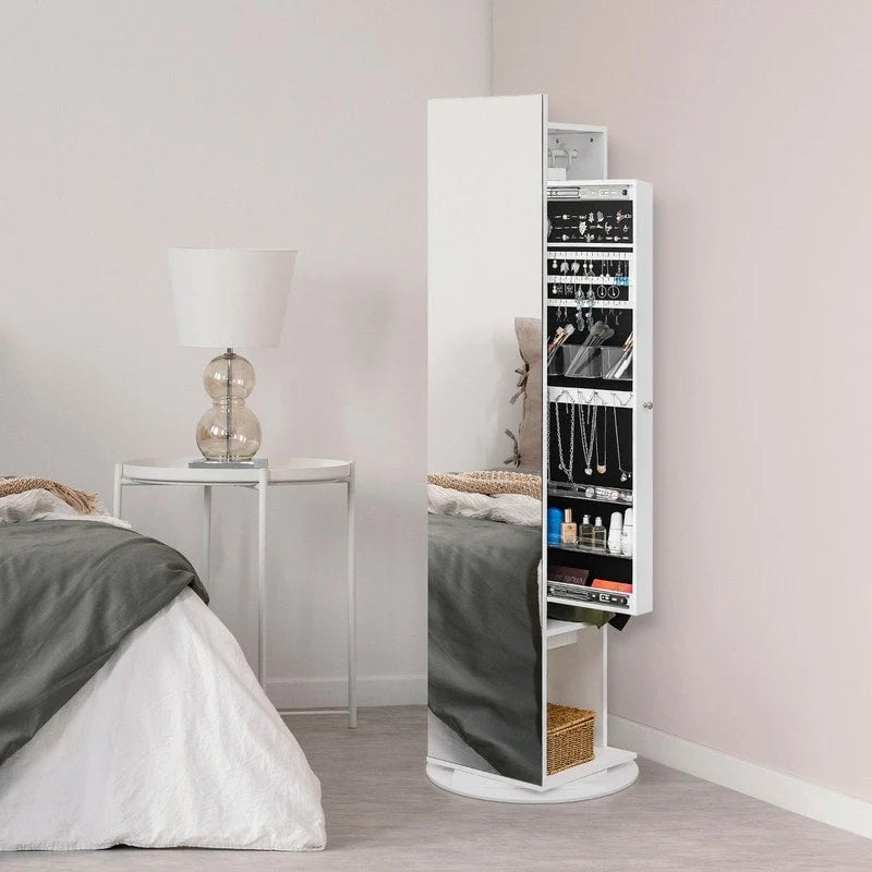 White Freestanding 360° Rotating Full-Length Mirror Jewelry Cabinet, 1-Person