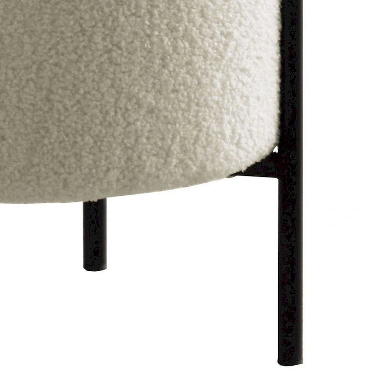 Beige Faux Sheepskin Round Ottoman, Matte Black Metal Legs, Single Seat, Medium