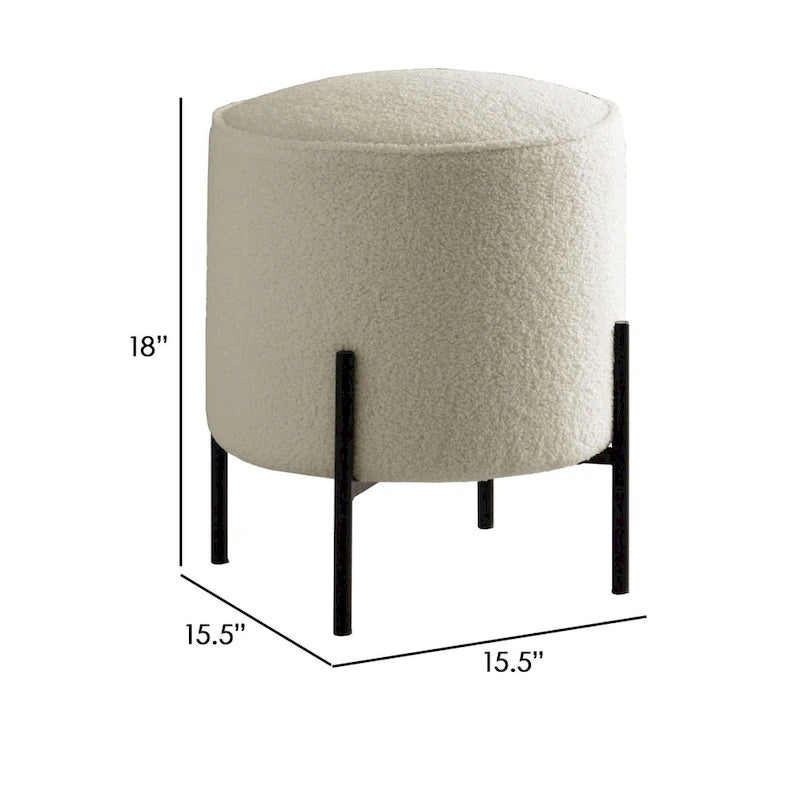 Beige Faux Sheepskin Round Ottoman, Matte Black Metal Legs, Single Seat, Medium