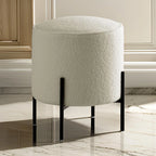 Beige Faux Sheepskin Round Ottoman, Matte Black Metal Legs, Single Seat, Medium