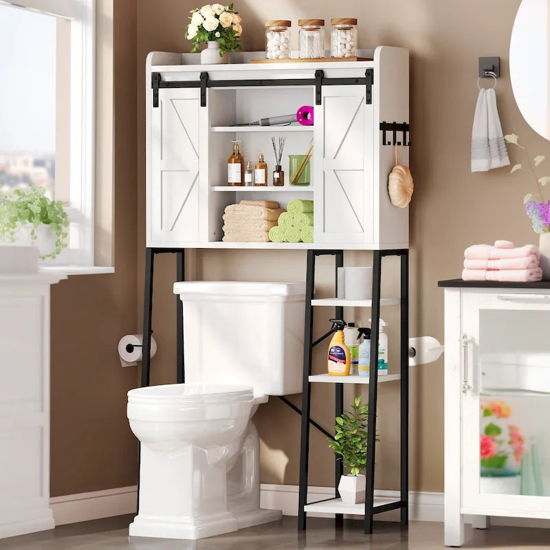White/Oak Over-Toilet Storage Rack with Sliding Door, 1-Unit Bathroom Cabinet
