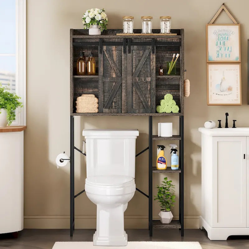 Étagère de rangement WC en chêne et blanc avec porte coulissante, meuble de salle de bain 1 unité