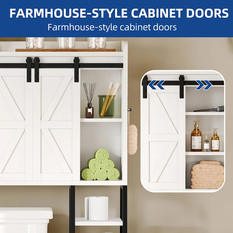White/Oak Over-Toilet Storage Rack with Sliding Door, 1-Unit Bathroom Cabinet