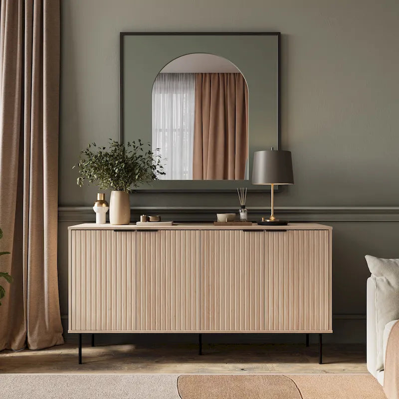 Black / Light Brown Fluted Sideboard Buffet, 2-Door, 62"