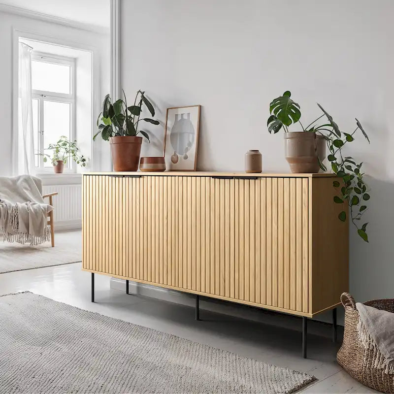 Black / Light Brown Fluted Sideboard Buffet, 2-Door, 62"