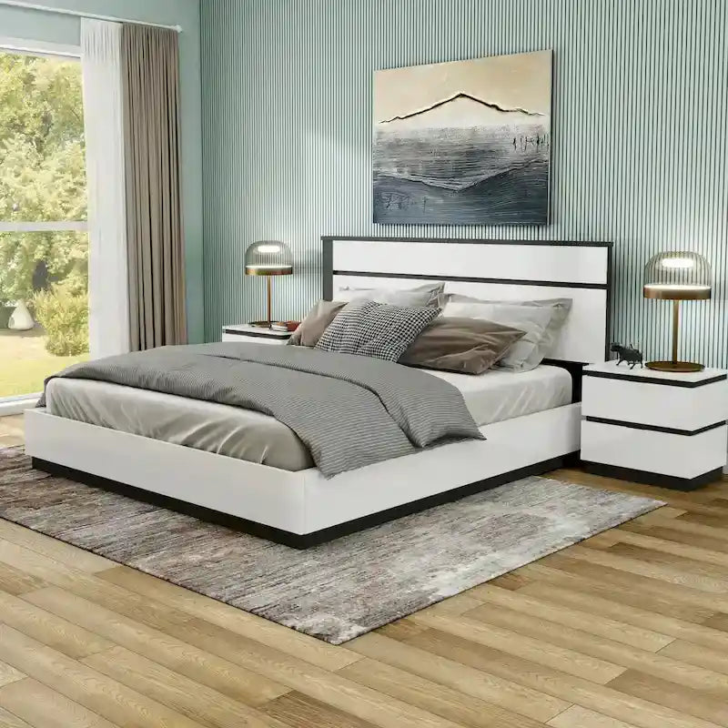 White & Metallic Gray 3-Piece Platform Bedroom Set with USB – King / Cal King / Queen (Sleeps 2)