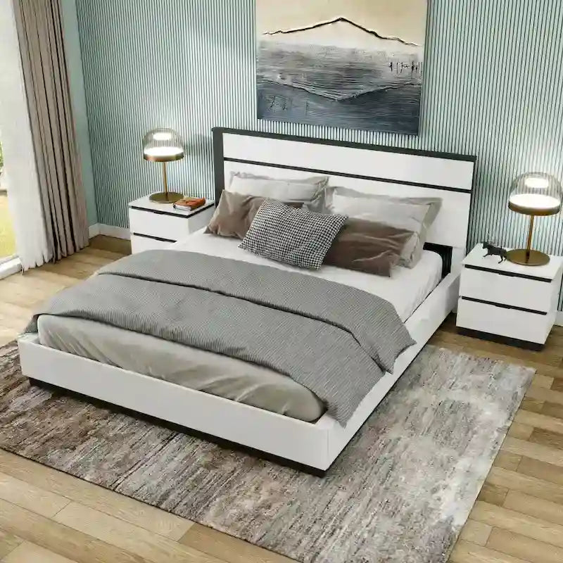 White & Metallic Gray 3-Piece Platform Bedroom Set with USB – King / Cal King / Queen (Sleeps 2)