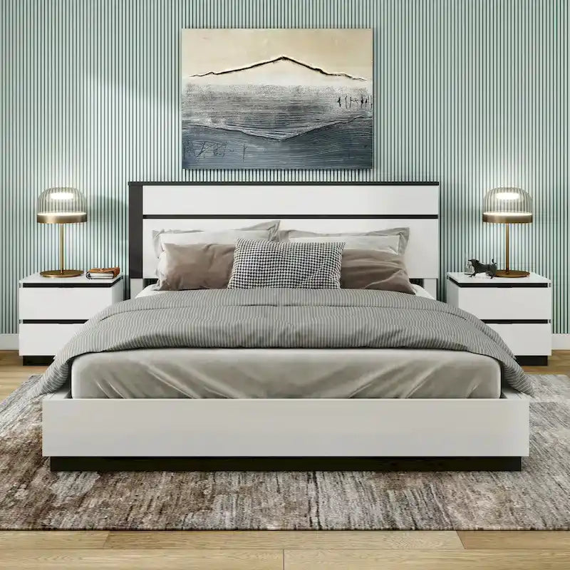 White & Metallic Gray 3-Piece Platform Bedroom Set with USB – King / Cal King / Queen (Sleeps 2)