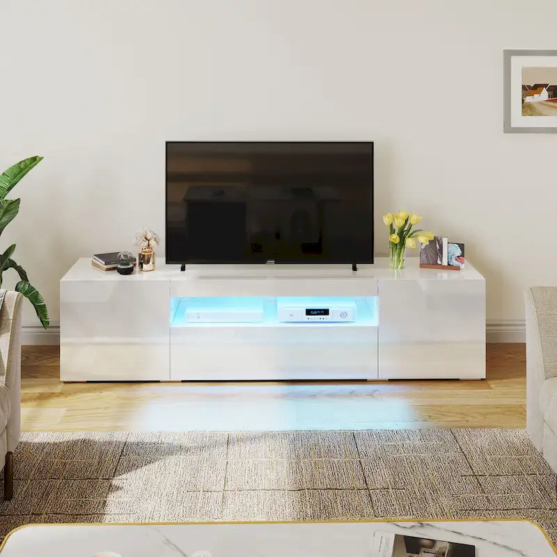 White/Black High-Gloss LED TV Stand, Fits up to 75" TV, 1-Unit