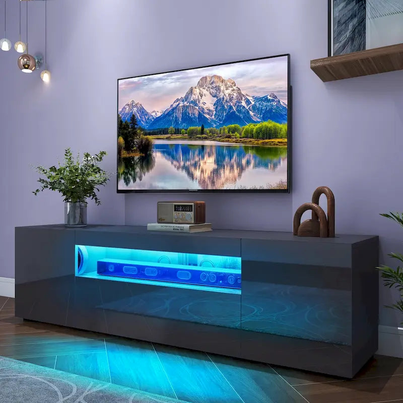 White/Black High-Gloss LED TV Stand, Fits up to 75" TV, 1-Unit
